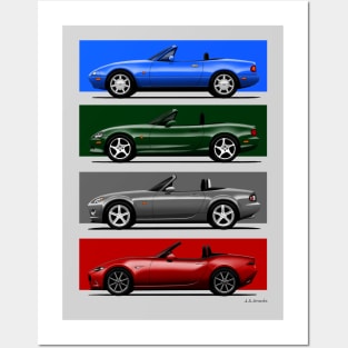 The four generations of the classic roadster convertible sports car in iconic colors Posters and Art